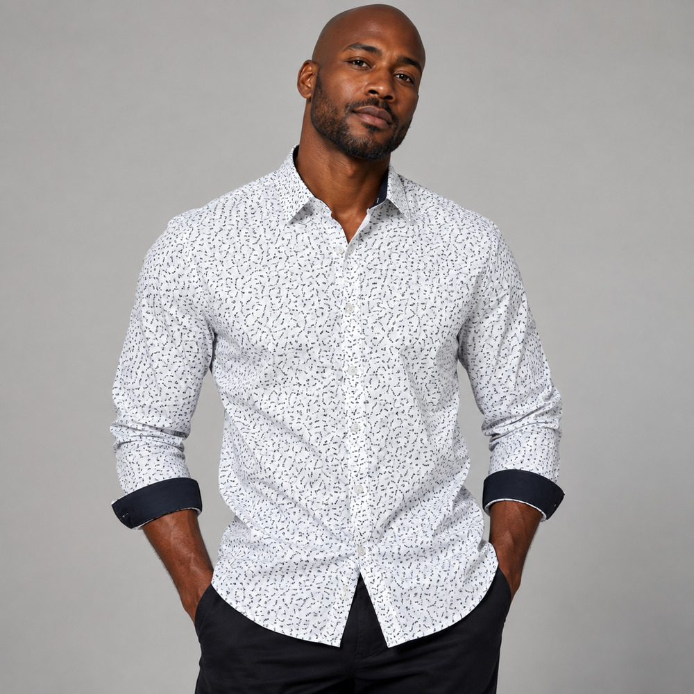 Pavini Men’s XL White Black Geometric Print Long Sleeve Button Up Shirt